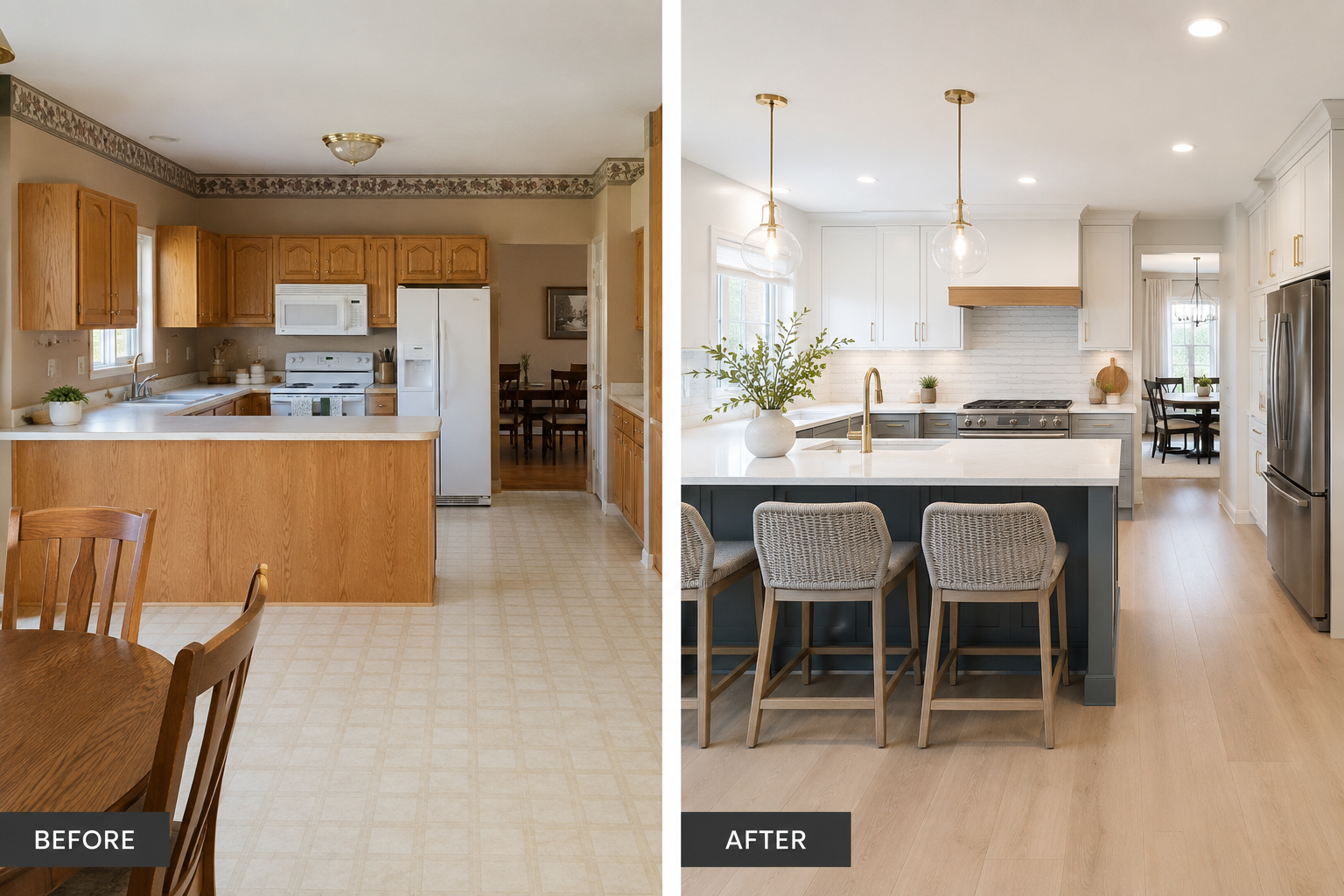 Before and after kitchen transformation completed by FC Finishes